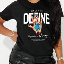 Women's Casual Short Sleeve T-Shirt With Unique Palm & Letter Print - Crew Neck, Soft  Machine Washable