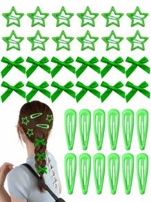 36件套女士绿色蝴蝶结星星发夹套装，甜美迷你发卡，优雅公主发夹，复古Y2K少女风发饰，适合圣帕特里克节、日常佩戴、情人节等场合，发夹爪夹，蝴蝶结，可爱，适合女士圣诞节装扮，头部饰品 - 綠色 - 查看 1