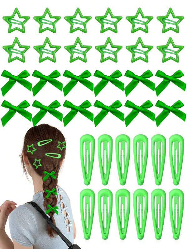 36pcs Women Green Bow & Star Hair Clips Set, Sweet Mini Hairpins, Elegant Princess Barrettes, Retro Y2K Girly Hair Accessories, Suitable For St. Patrick's Day, Daily Use Valentines,Hair Barrettes Claw Clips, Bows, Cute, Christmas Outfit For Women