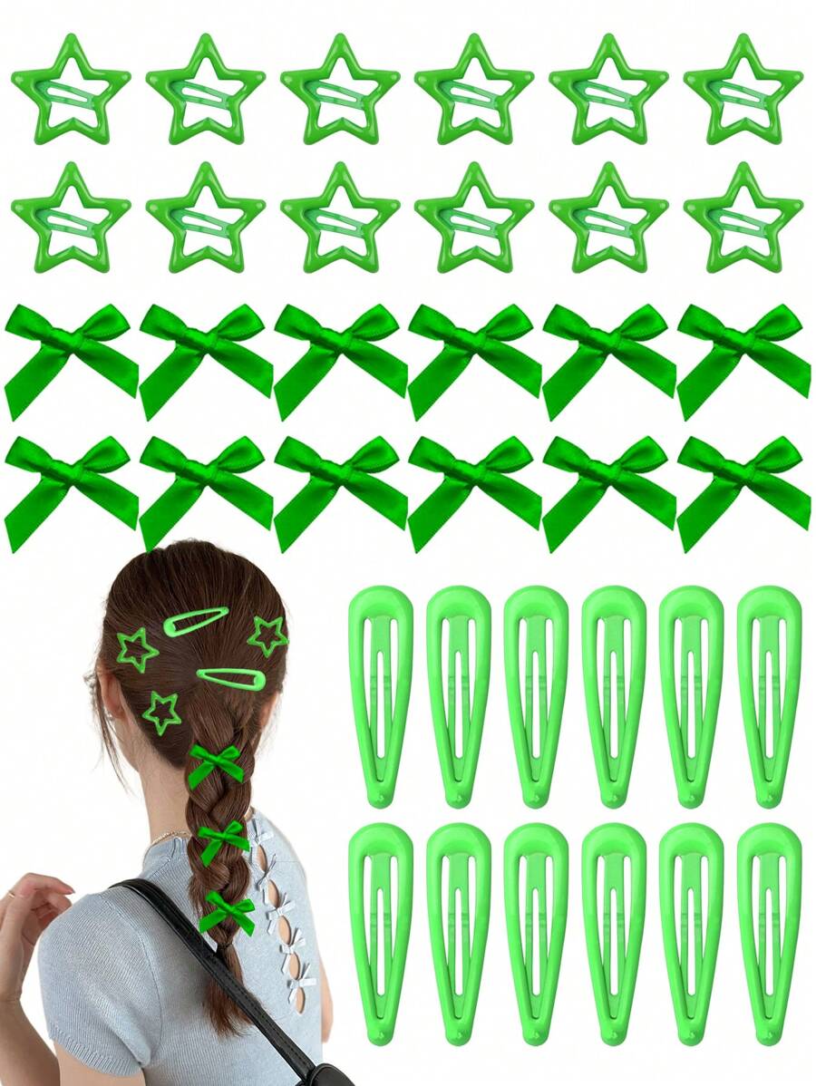 36件套女士绿色蝴蝶结星星发夹套装，甜美迷你发卡，优雅公主发夹，复古Y2K少女风发饰，适合圣帕特里克节、日常佩戴、情人节等场合，发夹爪夹，蝴蝶结，可爱，适合女士圣诞节装扮，头部饰品 - 綠色 - 查看 1