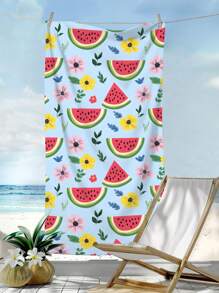 1pc Watermelon & Floral Print Microfiber Absorbent Beach Towel, Suitable For Swimming, Vacation, Bathing, Outdoor Travel Summer,Holiday