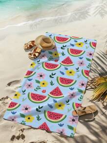 1pc Watermelon & Floral Print Microfiber Absorbent Beach Towel, Suitable For Swimming, Vacation, Bathing, Outdoor Travel Summer,Holiday
