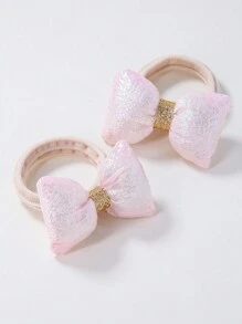 2 件装女童宝宝儿童纯粉色仿珍珠面料填充 3D 蝴蝶结弹力发带发饰，可爱公主风格，适合日常使用 - 彩色 - 查看 4