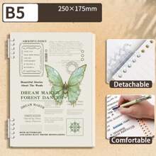 1pc A5/B5 Notebook,Butterfly Theme,60 Sheets,Loose Leaf Notepad,Detachable Journal,Light And Soft Series,Suitable For Daily Study,School And Office Supplies,Back To School Supplies,Creative Gift For Christmas, Birthday