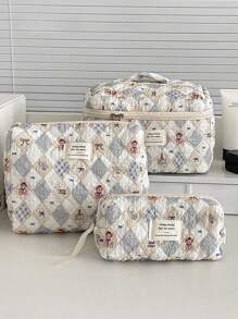 Bolsa de cosméticos vintage con forma de rombo de oso de peluche, estuche de maquillaje con cremallera, tela acolchada suave y arrugada con estampado, dulce y lindo, bolsa de tocador de uso múltiple para el hogar, viajes, lavado diario, bolsa de viaje de tocador, almacenamiento de maquillaje, bolsa de playa, artículos esenciales para vacaciones, útiles escolares, artículos esenciales de viaje, para mujer, para la universidad, dormitorio, baño