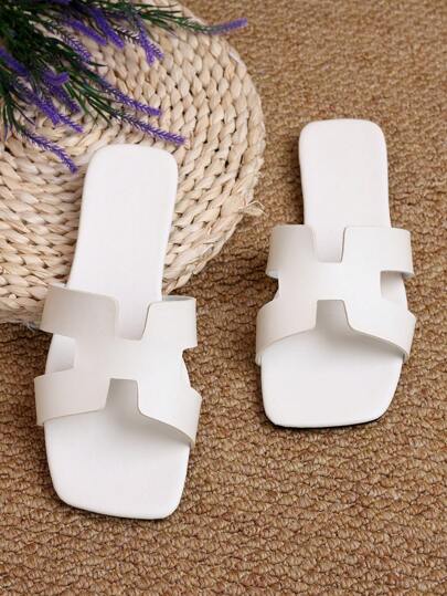 Women's Fashion Solid Color Casual Open Toe Flat Sandals,Large Size Beach Square Toe Slip-On Slippers With Single Strap, Simple Summer Versatile Non-Slip Wear-Resistant Slides, Suitable For Party, Gathering, Beach, Vacation, Commuting