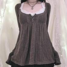 Women Vintage Grunge Sweater Long Sleeve Button Front Square Neck Knitted Tops Casual Tunic Blouse Coquette Clothes Retro Y2K Fairy Grunge Aesthetic Knitwear Spring Fall Downtown Teen Girl Coquette Clothing - 棕色 - 查看 1