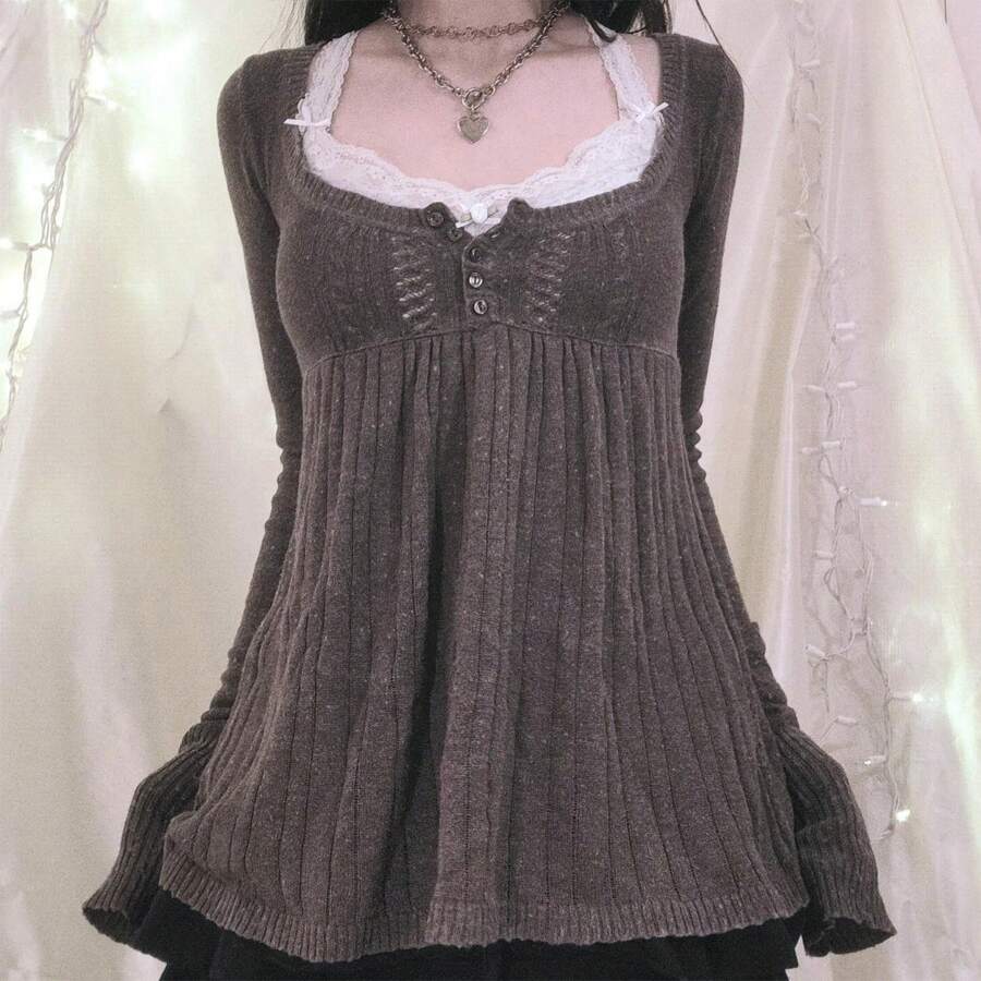 Women Vintage Grunge Sweater Long Sleeve Button Front Square Neck Knitted Tops Casual Tunic Blouse Coquette Clothes Retro Y2K Fairy Grunge Aesthetic Knitwear Spring Fall Downtown Teen Girl Coquette Clothing - 棕色 - 查看 1