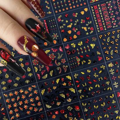 30张/套 红色和金色蝴蝶美甲贴纸，混合红色玫瑰花美甲贴花 美甲用品