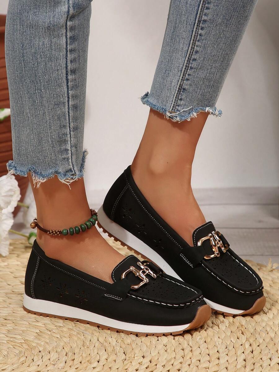 Damskie okrągłe noski, metalowa klamra, wycinane laserowo, oddychające, płaskie, codzienne buty na zewnątrz