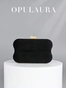 OpulAura 1件装黑色奢华复古丝绒女士晚宴包，简约不对称盒形设计，优雅钻石手拿包，链条肩带手提包，适合婚礼、派对、晚宴等场合。 - 黑色 - 查看 2