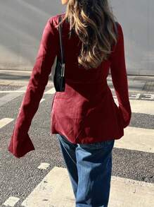 Apperloth A Satin Lapel Bow Tie Long Sleeve Flared Cuff Split Hem Fitted Shirt With Suspender Design - Red - View 4