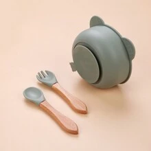 3 pezzi Set di ciotole per bambini in silicone con piatto con ventosa, cucchiaio e forchetta in legno, sicuro per microonde e lavastoviglie