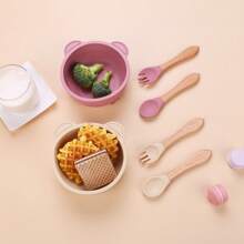 3 pezzi Set di ciotole per bambini in silicone con piatto con ventosa, cucchiaio e forchetta in legno, sicuro per microonde e lavastoviglie