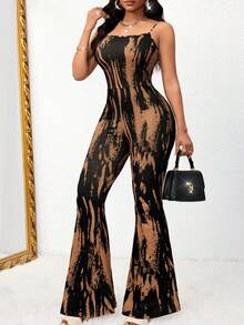 女士性感 Y2K 复古优雅弹力度假旅行优雅印花防风喇叭连体裤