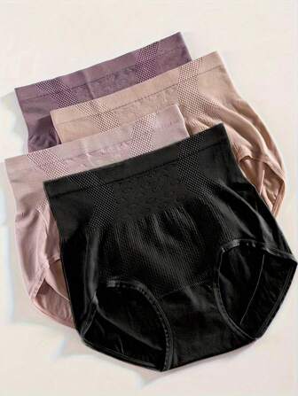 4pcs Women High Waisted Solid Color Butt Lifting Control Briefs, Panty Suitable For Post-Pregnancy And Body Shaping