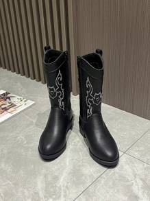 Stivali da cowboy stile occidentale ricamati per bambini, stivali unisex a metà polpaccio, stivali da equitazione vintage, polivalenti