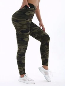 Spring/Summer Women Casual Fashionable Leggings With Gray Green Camouflage Pattern, Soft Comfortable Stretchy Skinny Pants For Fitness, Workout, Running, Weight Lifting, Home Stretching, Squatting Yoga, Outdoor Activity, 7/8 Length