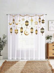 NOSBEI 1pc Romantic Ramadan Moon & Star Pattern Curtain, Creates Dreamy Home Decor For Daily Use - Multicolor - View 4