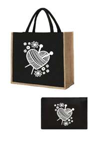 Tweedelige set linnen tassen, uitgerust met kleine make-uptassen, gebreide harten en bloemenpatronen - lichtgewicht en stijlvolle boodschappentassen voor dames, gepersonaliseerde geschenken voor huwelijksjubilea en verjaardagen van vrienden - Zwart - Bekijken 12