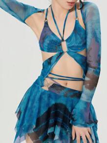 Women Y2k Butterfly Outfit 3 Piece Backless Long Sleeve Crop Top Mini Skirt Sets Rave Festival Fairy Streetwear Fairycore Beach Club - 藍色 - 查看 6