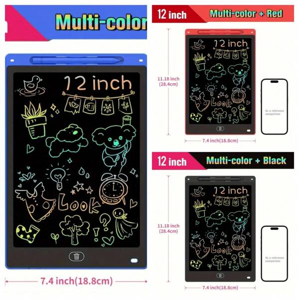 LCD Writing Tablet, 12 Inch Colorful Doodle Board Drawing Tablet For Kids, Reusable Electronic Drawing Pad, Learning Toys Birthday Gift For 3 4 5 6 7 8 Years Old Girls Boys (Red Blue Pink Black)