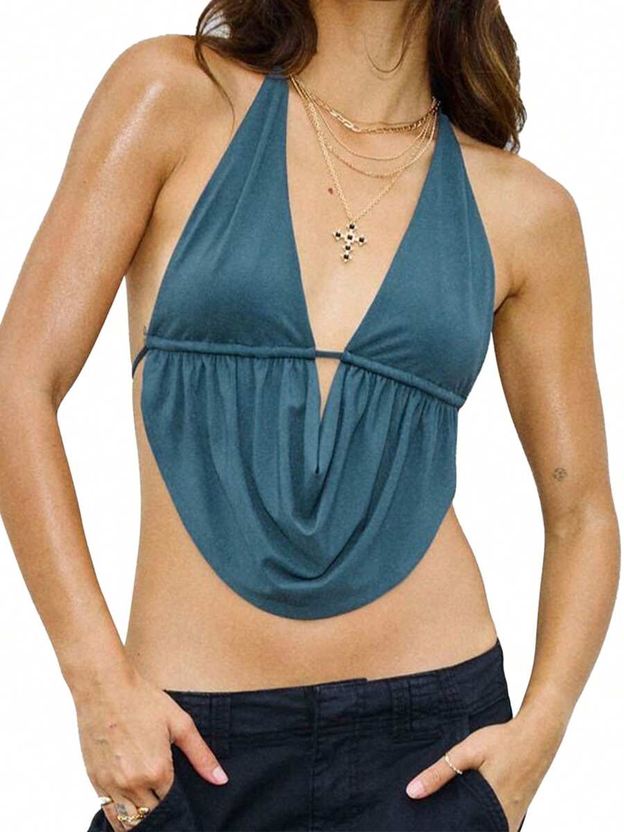 Women's Summer Halter Neck Vest Sleeveless Deep V Neck Solid Color Crop Tank Tops - Blue - View 1