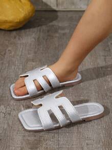Kids Open Toe Flat Sandals, New Summer Solid Color Comfortable Casual Beach Slippers - Silver - View 2