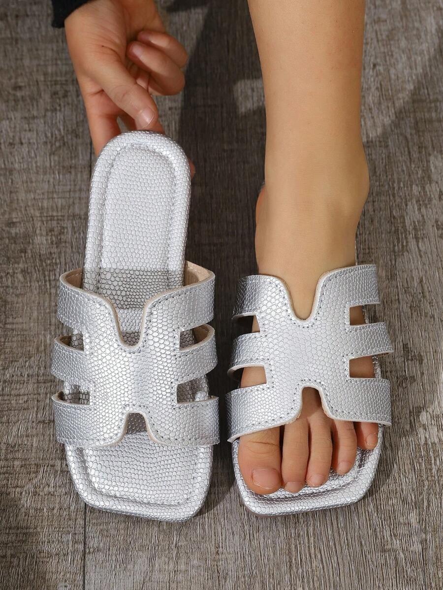Kids Open Toe Flat Sandals, New Summer Solid Color Comfortable Casual Beach Slippers - Silver - View 1