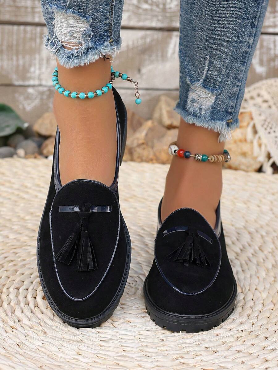 Mocasines casuales con borlas para mujer, estilo inglés versátil y a la moda, cómodos, aptos para la primavera y el otoño - Negro - Ver 1