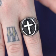 1Piece Stainless Steel Vintage Oval Chain And Christian God Blessing Cross Signet Ring For Man
