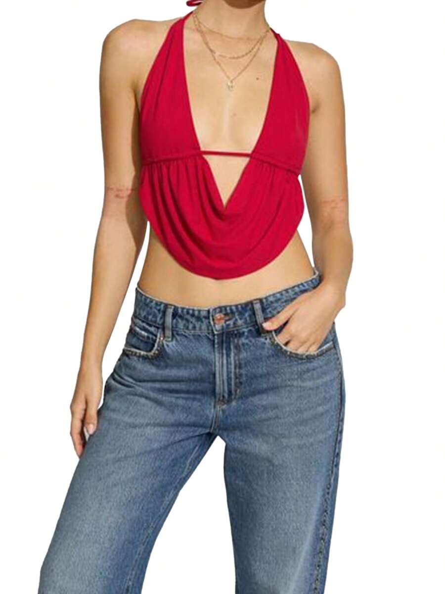 Women's Summer Halter Neck Vest Sleeveless Deep V Neck Solid Color Crop Tank Tops - Red - View 1