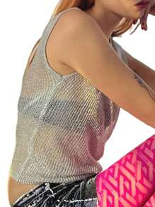 Women's Summer Short Skinny Vest Tops Solid Color Sleeveless O Neck Sheer Crop Tops - Silver - View 6
