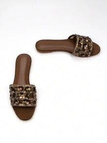 Dép lê nữ sang trọng, khoét rỗng, đính đá lấp lánh hình hoa, màu nâu sô cô la, chất liệu giả da lộn, lưới, mũi tròn, thoải mái, thích hợp cho trang phục mùa xuân hè. - Màu nâu Sô-cô-la - Xem 4