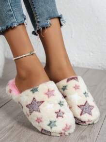 Pantuflas para mujer con diseño de estrella de 5 puntas, suela absorbente y gruesa, cómodas y esponjosas pantuflas de peluche, adecuadas para primavera, verano, otoño e invierno - Beis - Ver 3