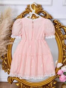 Young Girl' Adorable Embroidered Princess Dress Short Casual Dress, Wedding/Birthday Luxury Formal Dress - Pink - View 2