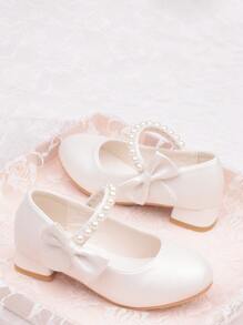 Girls White High Heel Shoes Princess Style Leather Shoes Spring & Autumn, Middle & Kids Shoes Suitable For Evening Dresses, Pearl Decoration