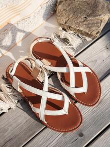 White Women's Summer Flat Sandals, Thong Strap Slip-On Beach Shoes, Lightweight And Comfortable For Sexy Party And Resort Vacation