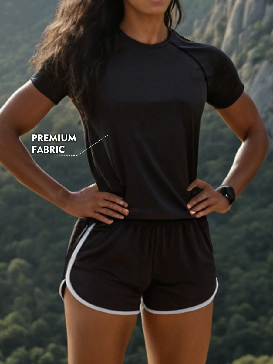 女士运动透气速干短袖 T 恤、修身瑜伽健身 T 恤、户外跑步纯色百搭上衣