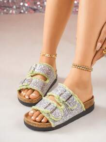 女士夏季厚底装饰带凉鞋，沙滩休闲露趾拖鞋