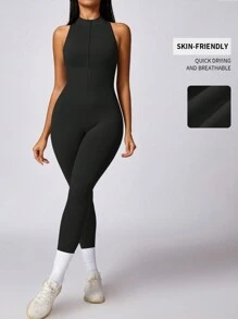 DINBEY Mono sin mangas de unicolor con cremallera para mujeres, ideal para yoga y actividades al aire libre, que levanta las caderas y estiliza el vientre. Apto para primavera y verano.