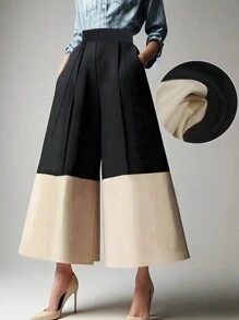 Women's Regular Waist Pocket Contrast Color Pants, Polyester Fabric, Machine Washable - Black and White - View 7