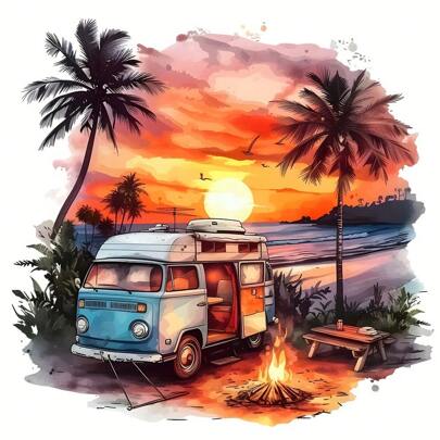 [Popular Choice] Sunset Camping Life Fashion Heat Transfer Vinyl Patch - DIY Iron-On For T-Shirts, Jeans, Coats, Backpacks, Hoodies, Hats & More, DIYt