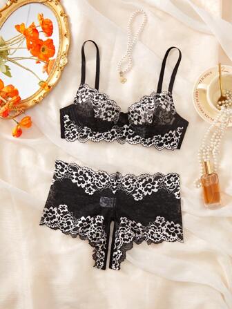 春夏新款女士黑色文胸套装，性感内衣配蕾丝内裤，舒适聚拢透视贴身内衣套装，浪漫情侣礼物