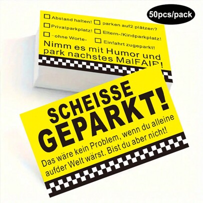 50 peças de cartões amarelos "Aprenda a estacionar", cartões engraçados com lições sobre infrações de estacionamento em alemão, 9 x 5,4 cm, cartões engraçados com pegadinhas sobre multas de estacionamento por vários motivos