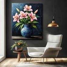 Botanical Posters, Pink Lily Flowers In Vase, Floral Wall Art Decor, Plant Wall Decoration, Suitable For Living Room, Bedroom, Dining Room, Frameless Gifts Birthday Graduation