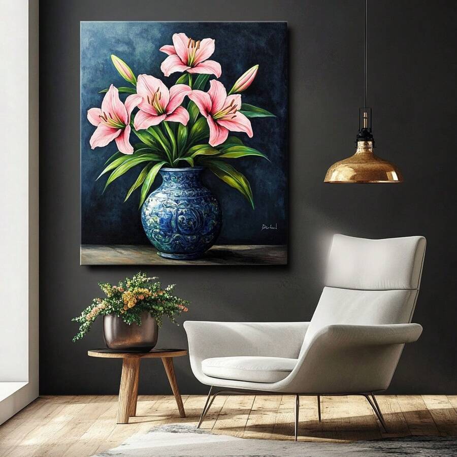 Botanical Posters, Pink Lily Flowers In Vase, Floral Wall Art Decor, Plant Wall Decoration, Suitable For Living Room, Bedroom, Dining Room, Frameless Gifts Birthday Graduation