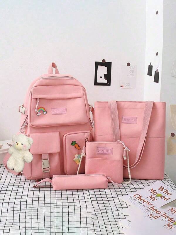Las mujeres de 4 piezas Oxford mochila, bolso de hombro, bolso crossbody, bolso de la pluma, adecuado para estudiantes de secundaria estudiantes de secundaria estudiantes universitarios conjunto de mochila de moda, Colgante de oso gratis