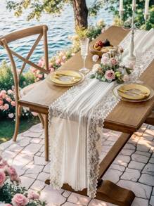 1pc Elegant French Style Lace Table Runner, Multiple Sizes, Suitable For Wedding/Party/Holiday Celebration/Home Decor Throughout The Year - White - View 2