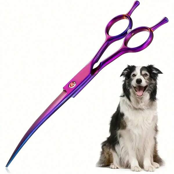 1 pieza Tijeras curvadas para aseo de mascotas de 7.5 pulgadas, de acero inoxidable con revestimiento de titanio para cortar el pelo de las mascotas, mango ergonómico, adecuado para perros, gatos y otras mascotas, disponible en colores morado, colorido, dorado, azul, negro
